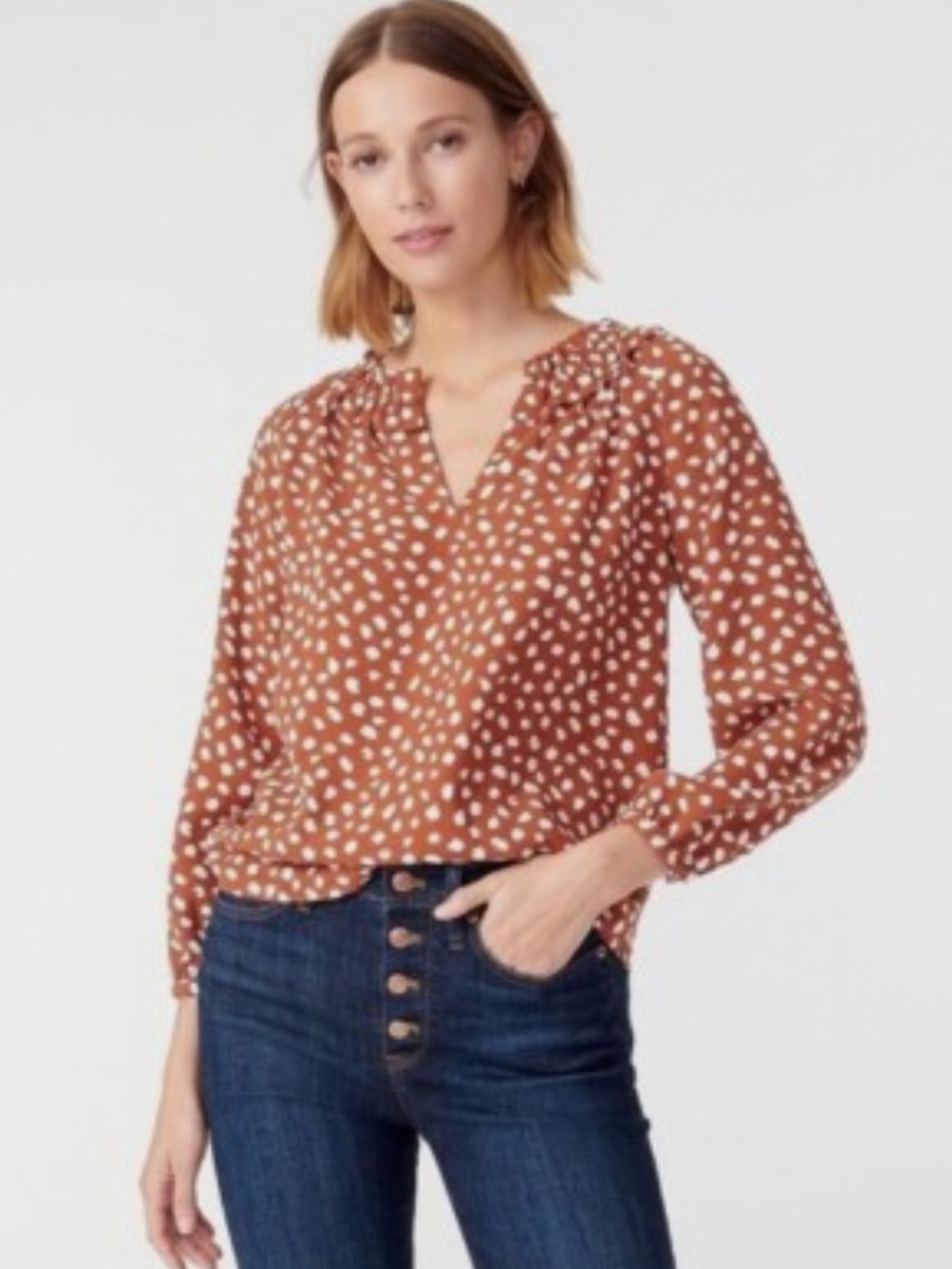 J. Crew Rust and White Spot Ruffle V-Neck Blouse